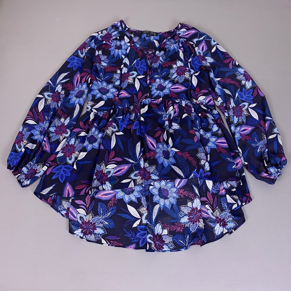 Sami + Dani Tunic Top Blouse‎ Large Floral Peplum Navy Blue Long Sleeve High Low